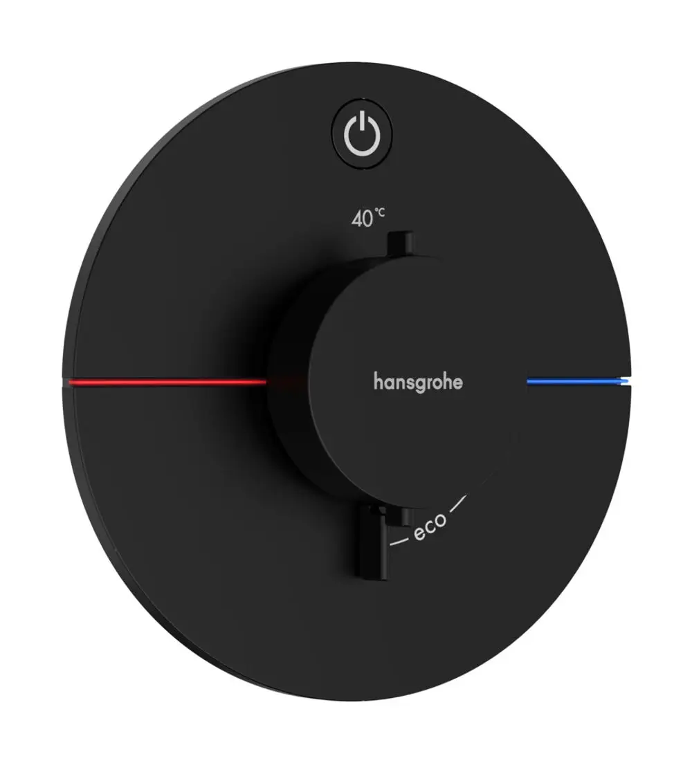 Thermostat von Hansgrohe in mattschwarz, rundes Design mit einstellbarem Temperaturregler, Eco-Funktion und LED-Anzeige für die Wassertemperatur.